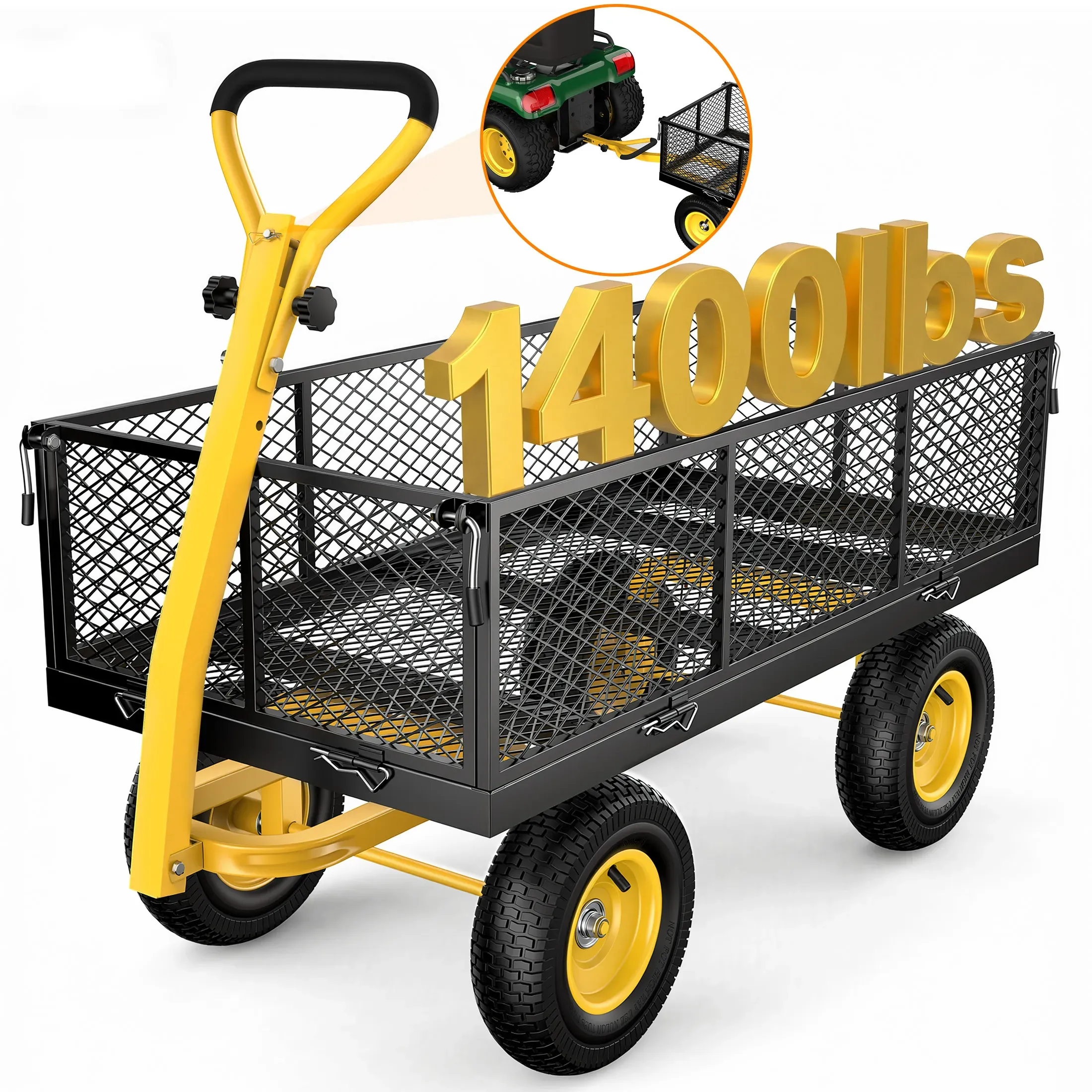 1400 lbs Garden Cart with ATV/Tractor Hitch and Removable Sides