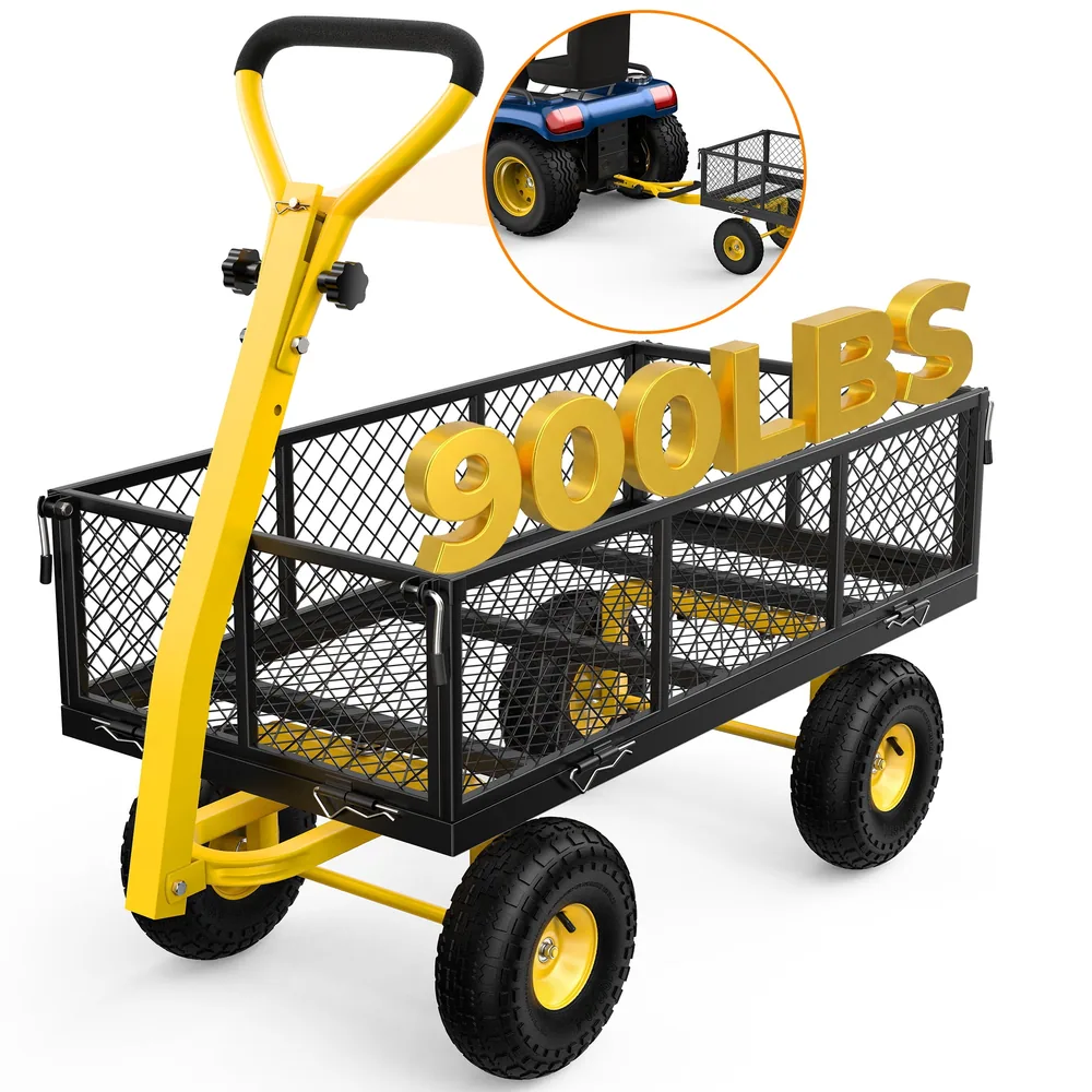 Heavy Duty Garden Cart, 900 lbs Capacity Garden Wagon with ATV/Tractor Hitch & Removable Sides, Black